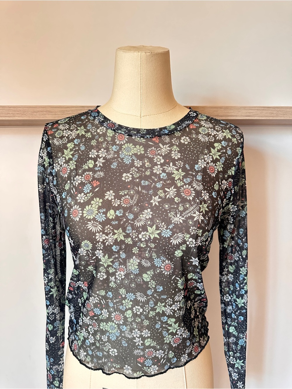 BCBG Sheer Long Sleeve Floral Mesh Top - Black with Pastel Floral Print